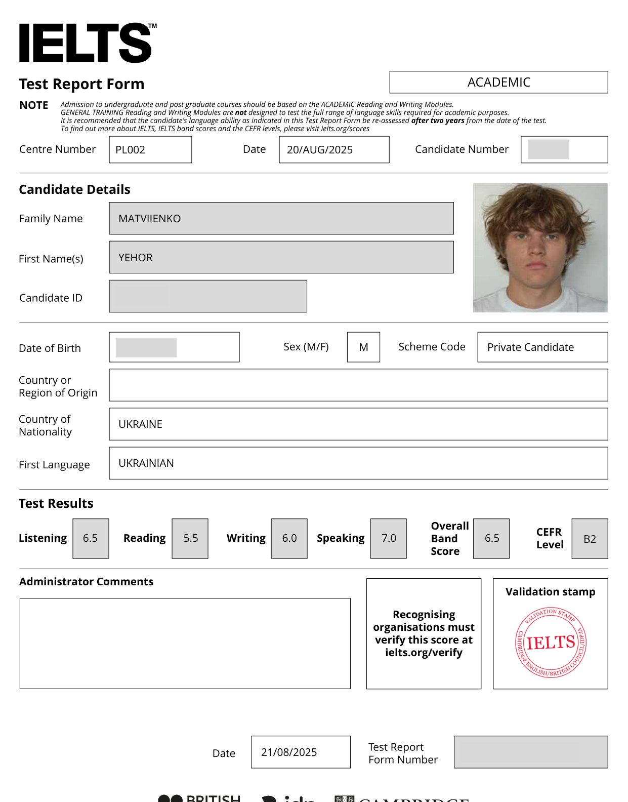 IELTS Test Report Form